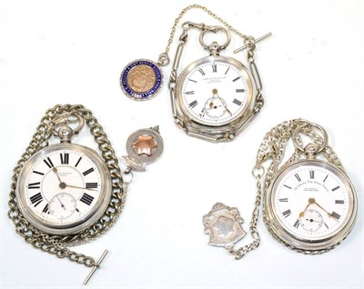 Lot 201 - Three open faced pocket watches, signed H.Samuel, Manchester, John Myers & Co Ltd, London and...