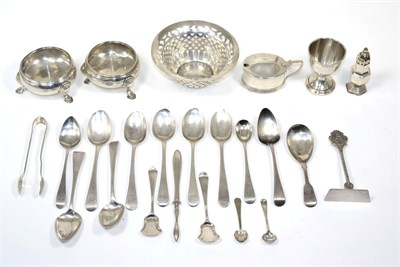 Lot 204 - Assorted silver including a pair of circular open salts; a pierced circular basket; cutlery etc