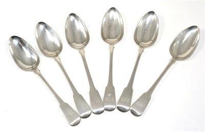 Lot 206 - A set of six silver fiddle pattern soup spoons, by Eley, Fearn & Chawner