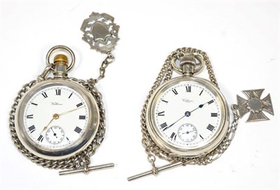 Lot 208 - Two silver open faced pocket watches, signed Waltham, cases with Birmingham hallmarks and dated...