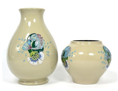 Lot 219 - Two Moorcroft trial pattern vases decorated with fish and thistles, one dated 3.10.14 (2)