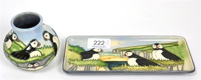 Lot 222 - A Moorcroft Lindisfarne vase and matching tray (both seconds) (2)