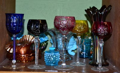 Lot 234 - ~ Coloured and moulded glassware including carnival glass, lustre glass, painted glass etc (one...