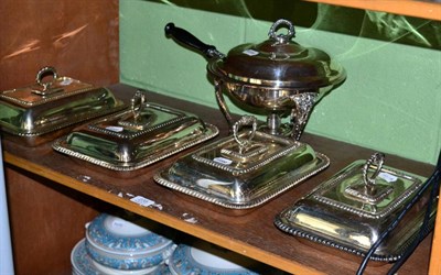 Lot 235 - ~ Set of four silver plated entree dishes and a silver chafing dish