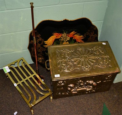 Lot 241 - ~ A brass pan stand, a copper coaching horn, a toleware tray and a brass embossed coal box (4)