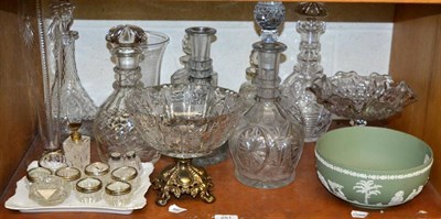 Lot 251 - ~ Glassware including decanters, pedestal bowls, salts, together with a Wedgwood green...