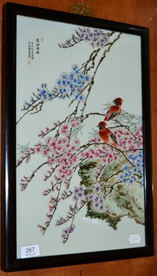 Lot 267 - A 20th century Chinese porcelain plaque in a hardwood frame decorated with birds