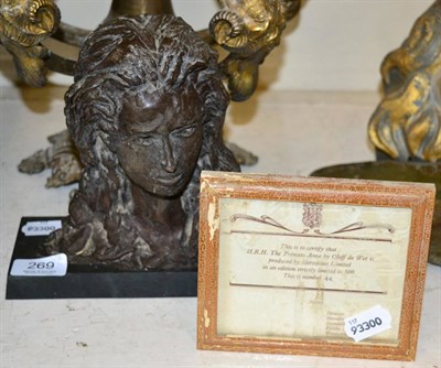 Lot 269 - ~ A bust of Princess Anne on a plinth with certificate, 20cm high (2)