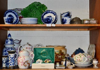 Lot 277 - A Copeland platter; blue and white cups and saucers; candles etc