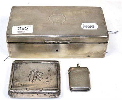 Lot 295 - A silver cigarette box, Birmingham 1909; a silver vesta case, 1902; and tobacco box 1901, all...