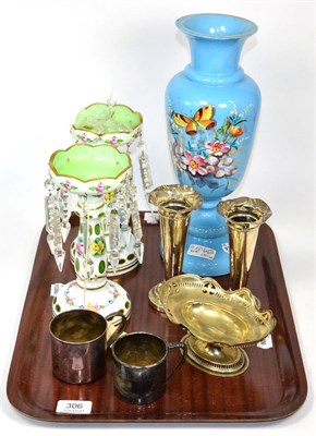 Lot 306 - ~ A Victorian enamelled blue glass vase and a pair of overlay glass table lustres (both a.f.),...