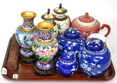 Lot 313 - Quantity of Oriental items including ginger jars and covers, cloisonne vases, carved sandlewood...