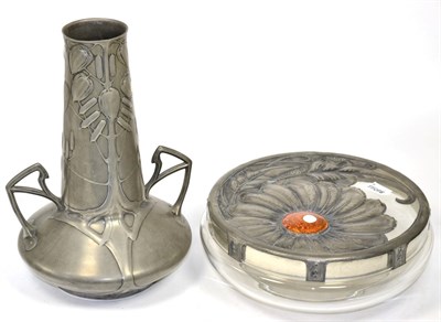 Lot 320 - Arts & Crafts Continental pewter twin-handled vase; together with a pewter and glass lidded bowl of