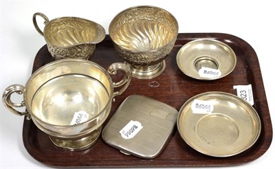 Lot 323 - Silver including two dishes, cream and sugar, cigarette case and twin handled cup