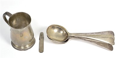 Lot 352 - A set of six silver soup spoons, Mappin & Webb, Sheffield 1933; a silver christening mug,...