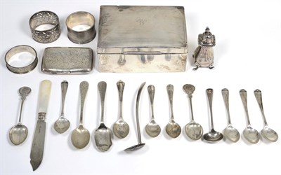 Lot 353 - A group of silver including a cigarette box, a cigarette case, various teaspoons, napkin rings, etc