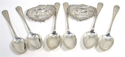 Lot 362 - ~ A set of Sheffield silver teaspoons and a pair of silver dishes (8)