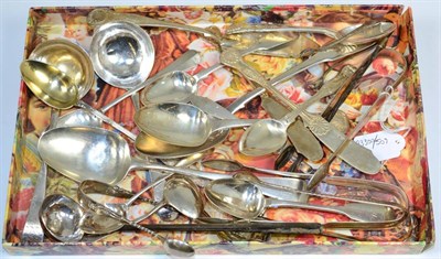 Lot 382 - ~ A quantity of assorted silver flatware, George III and later, to include tablespoons; sugar...