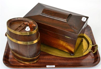 Lot 385 - ~ An oak spirit barrel, a brass tray and tea caddy