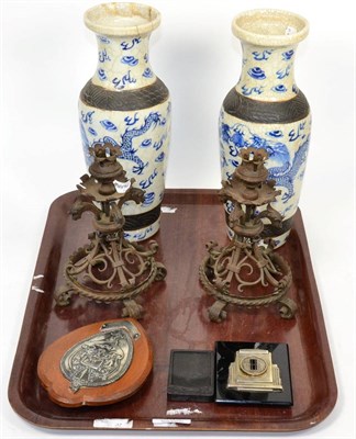 Lot 393 - A pair of Chinese blue and white vases (restoration to rim of one), a trophy plaque, Shanghai 1934