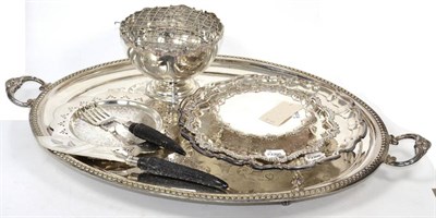 Lot 399 - ~ A large plated oval two handled tray, a plated salver, servers, a rose bowl and fish servers