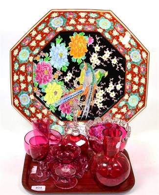 Lot 404 - A small group of Victorian cranberry glass and a decorative oriental charger