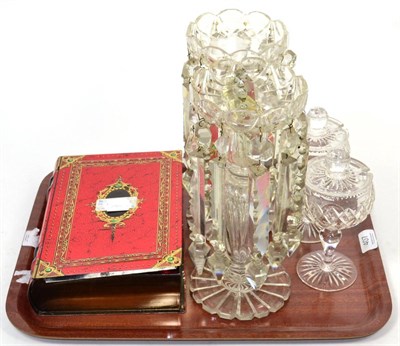 Lot 407 - A pair of table lustres, a pair of sweet meat jars and a book form chocolate tin