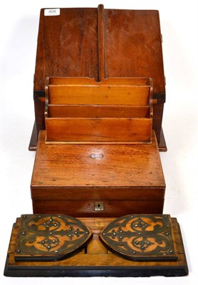 Lot 408 - A brass mounted walnut extending book rack; a small mahogany writing slope writing slope; a...