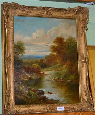 Lot 1007 - G Hinlen (19th Century) Figures fishing in a woodland landscape, signed and dated 1895, oil on...