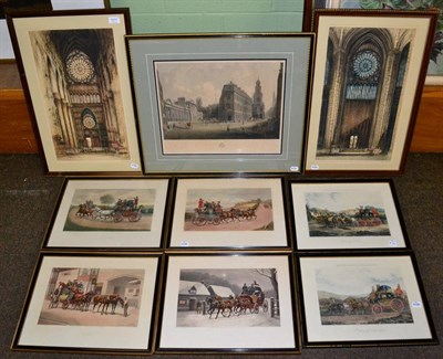 Lot 1011 - ~ A set of coaching prints: a print of bank of England, a pair of prints of cathedral interiors and