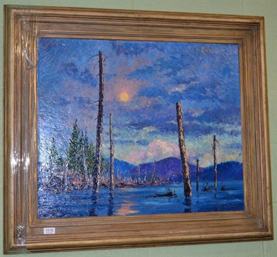 Lot 1019 - Francis Orville Libby (American b.1883) Lake landscape at sunset, signed lower left, oil on canvas