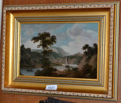 Lot 1021 - English School (19th Century) Shipping in a river landscape, oil on card