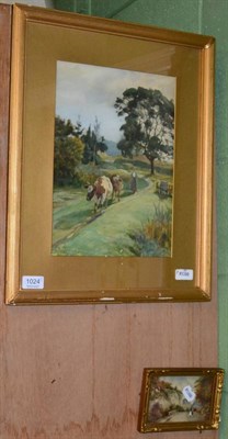 Lot 1024 - ~ Driving cattle in a landscape, watercolour; together with a figures on a country path,...