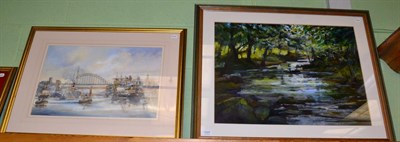 Lot 1025 - Tom Macdonald, View on the Tyne, framed watercolour; together with Tony Montague, Lake District...