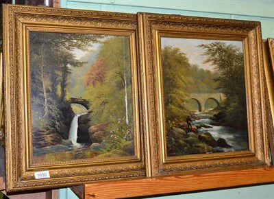 Lot 1030 - T. Dawson, Fishermen by a bridge and Bridge over a waterfall, pair of oils