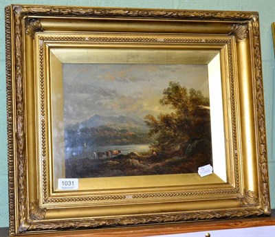 Lot 1031 - 19th century school, Cattle by the loch, oil on panel, in a gilt frame, unsigned