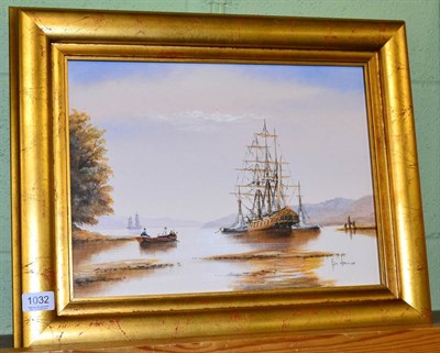 Lot 1032 - Ken Hammond, A tall ship at anchor, signed lower right