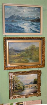 Lot 1040 - James Wallace, rural landscape, oil on canvas; and two others by William Russell and M Walshaw (3)