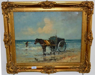 Lot 1050 - H Van Dansen, Dutch, 20th century, Shrimper with horse and cart, oil on canvas