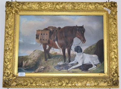 Lot 1051 - Manner of Landseer, A hill pony with a pointer and brace of grouse, oil on canvas