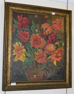 Lot 1055 - 20th century school, Still life of orange flowers in a jug, oil on canvas, unsigned