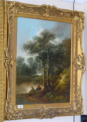 Lot 1058 - J Barker (19th century) Fisherman at the water's edge, signed, oil on canvas