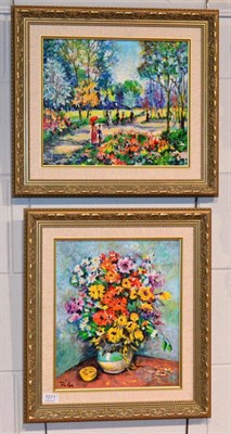 Lot 1071 - After Dimitri Polak (Ukrainian, 1922-2008) Still life of flowers, signed 34cm by 29cm, together...