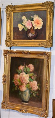 Lot 1075 - A.A. Gittleson, Still life of roses in a blue and white vase, oil on canvas, signed lower left,...