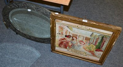 Lot 1094 - Arts & Crafts oval mirror with floral decorated frame, together with a 19th century coloured...