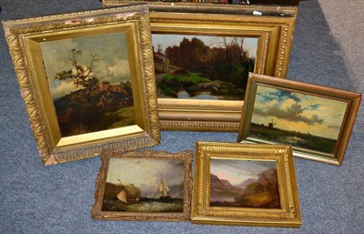 Lot 1095 - British School (19th Century) Shipping off a coastline, oil on canvas, together with four...