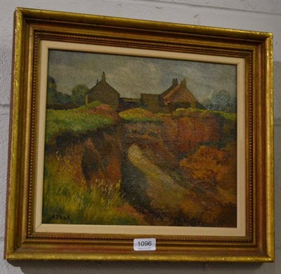 Lot 1096 - Attributed to John Anthony Park (1880 - 1962), Farm buildings in a landscape, bears signature,...