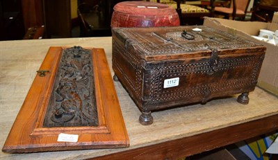 Lot 1112 - An 18th century Provincial carved oak deed box, a small wooden barrel and a carved oak...