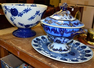 Lot 1119 - A very large blue and white transfer printed pedestal bowl of Oriental style, a Victorian twin...