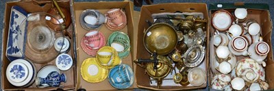 Lot 1135 - Assorted metalware to include brass candlesticks; kettle on stand; silver plated teapot; Royal...